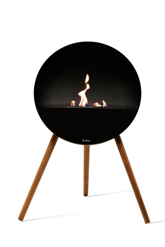 Modern designer bio fireplace in black with complementary wood legs