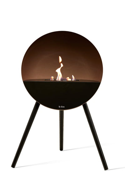 Modern designer bio fireplace in Mocca with complementary wood legs