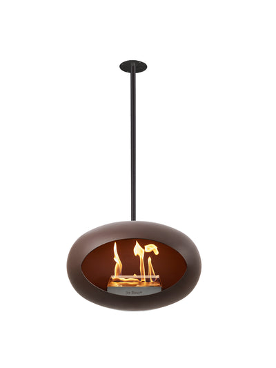 Modern ceiling hanging SKY bio fireplace in Mocca with black accessories