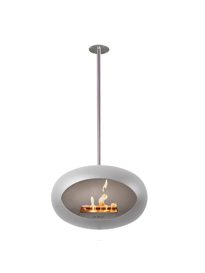 Modern ceiling hanging SKY bio fireplace in Nickel with polished silver accessories
