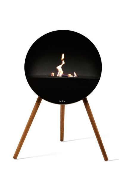 Modern designer bio fireplace in black with complementary wood legs