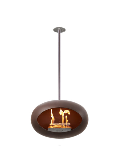 Modern ceiling hanging SKY bio fireplace in Mocca with silver accessories