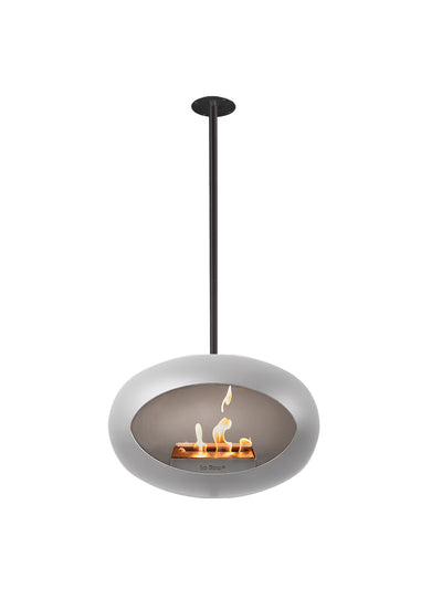 Modern ceiling hanging SKY bio fireplace in Nickel with black accessories