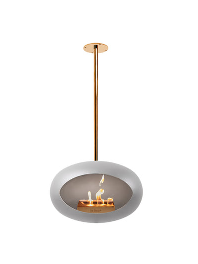 Modern ceiling hanging SKY bio fireplace in Nickel with rose gold accessories